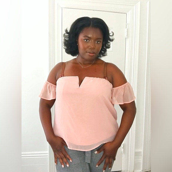 Powder Pink Off The Shoulder Top With Slit Front Lightweight Top With NeckTie - Picture 2 of 7